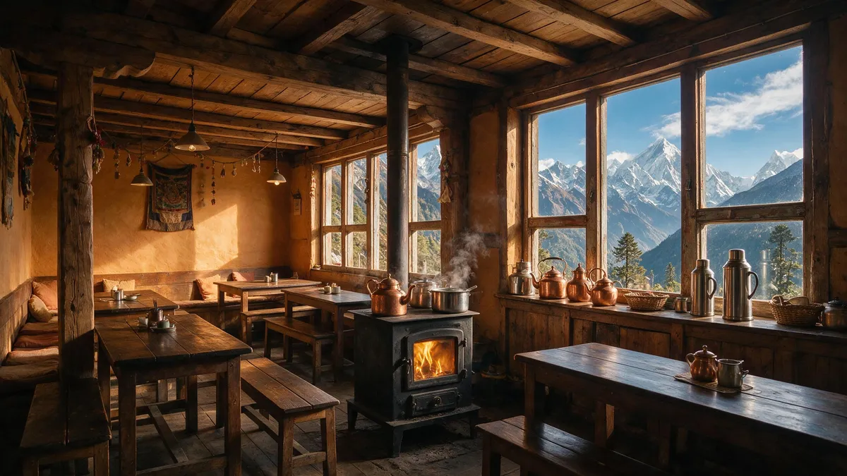 A teahouse dining room, where package meals form a fixed component of trek costs.